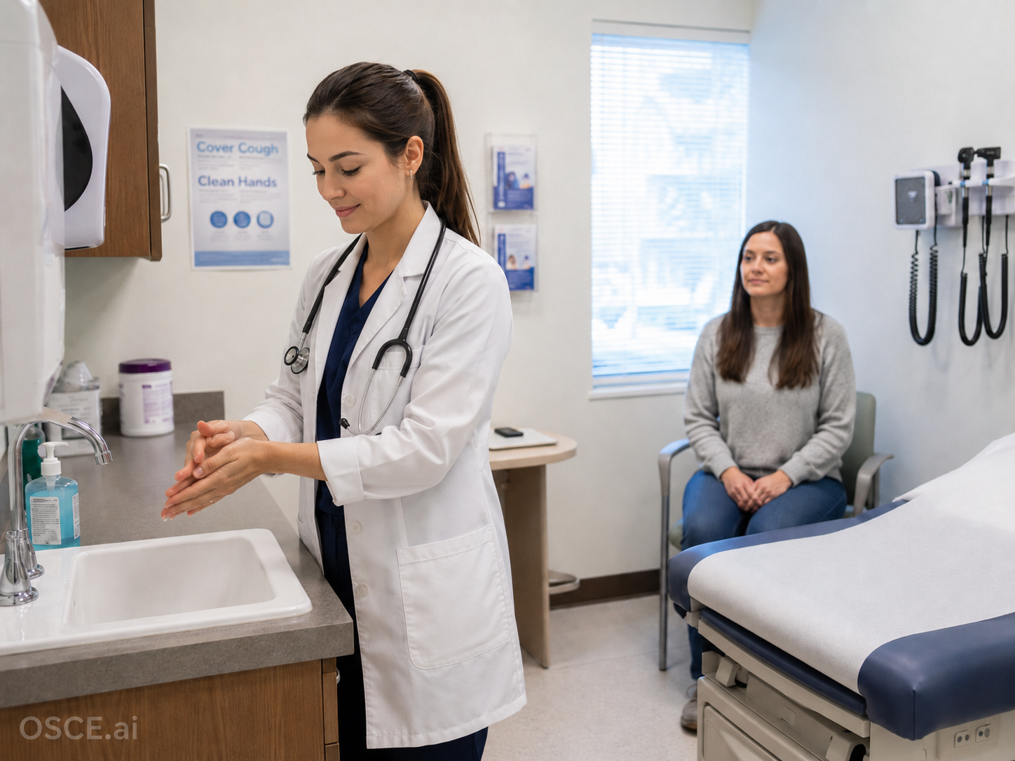 doctor cleaning hands OSCE AI OSCE candidate clean her hands in a cardiovascular examination OSCE