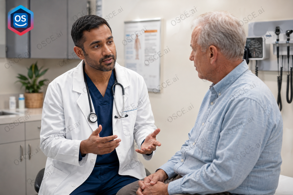 Doctor communicating with patient during neuro exam OSCE introduction phase