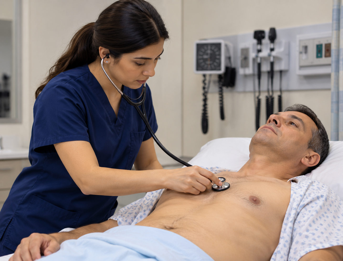 Medical student auscultating the chest with a stethoscope directly on the skin