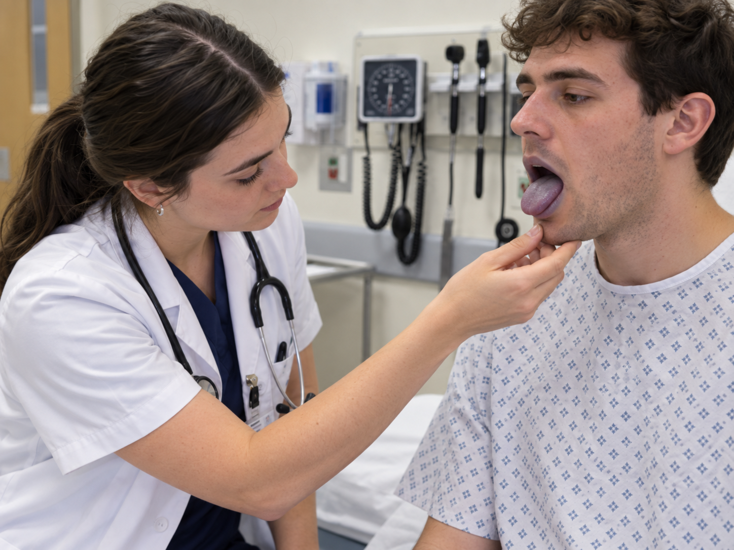 Medical student assessing a patient for central cyanosis