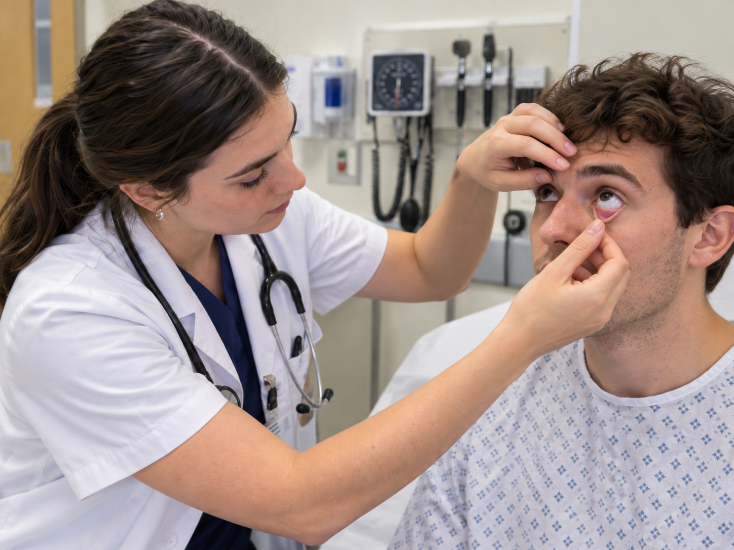 Medical student examining the conjunctiva for pallor