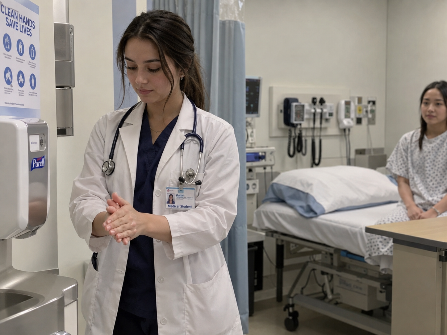 Medical student performing hand hygiene before a respiratory examination OSCE