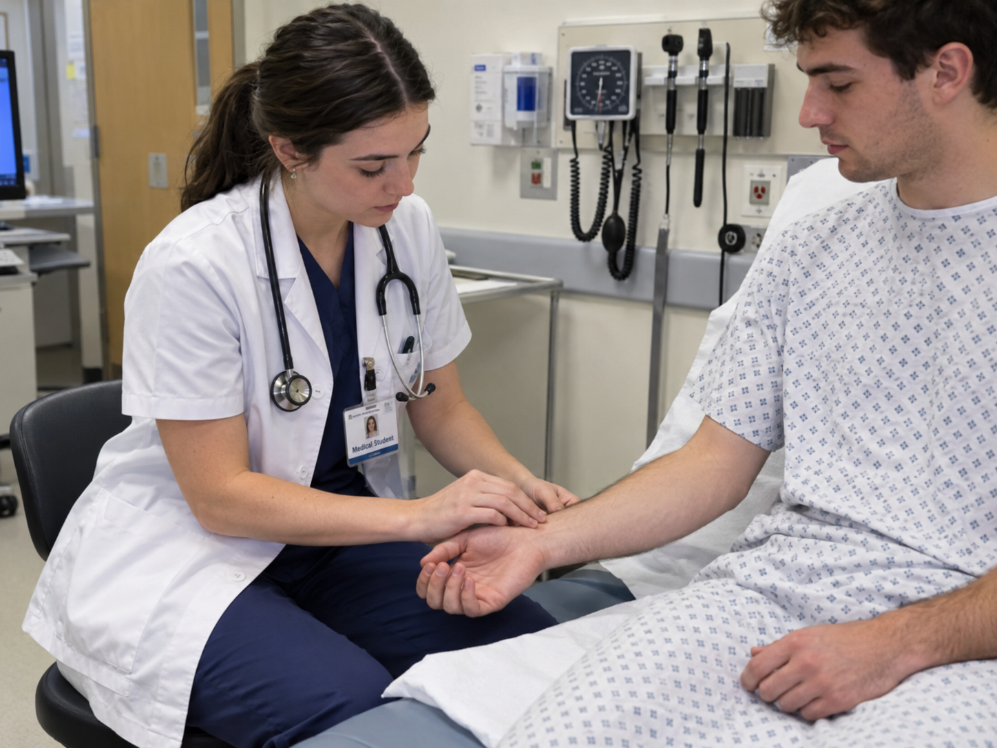 Medical student palpating the radial pulse for rate and rhythm