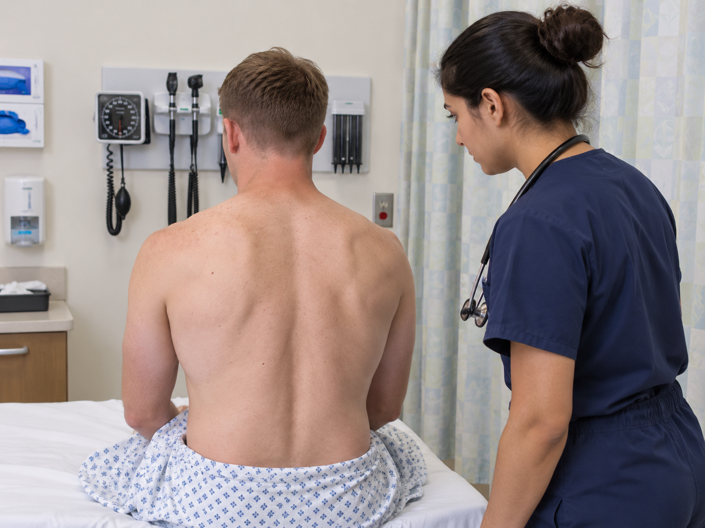 Medical student inspecting and examining the posterior chest