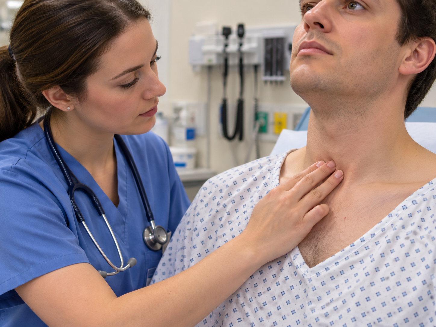 Medical student gently assessing tracheal position
